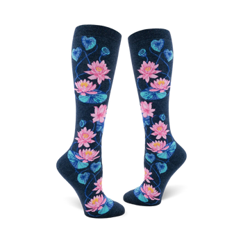 dark blue knee-high socks featuring a pattern of pink and blue lotus flowers with green stems and leaves.   