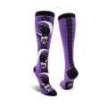 Lifestyle shot: Model wearing purple Black Cat Moon knee-high socks.