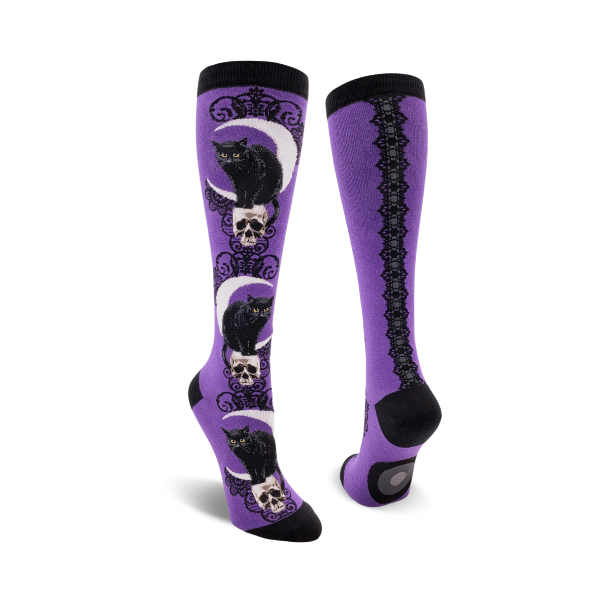 Lifestyle shot: Model wearing purple Black Cat Moon knee-high socks.