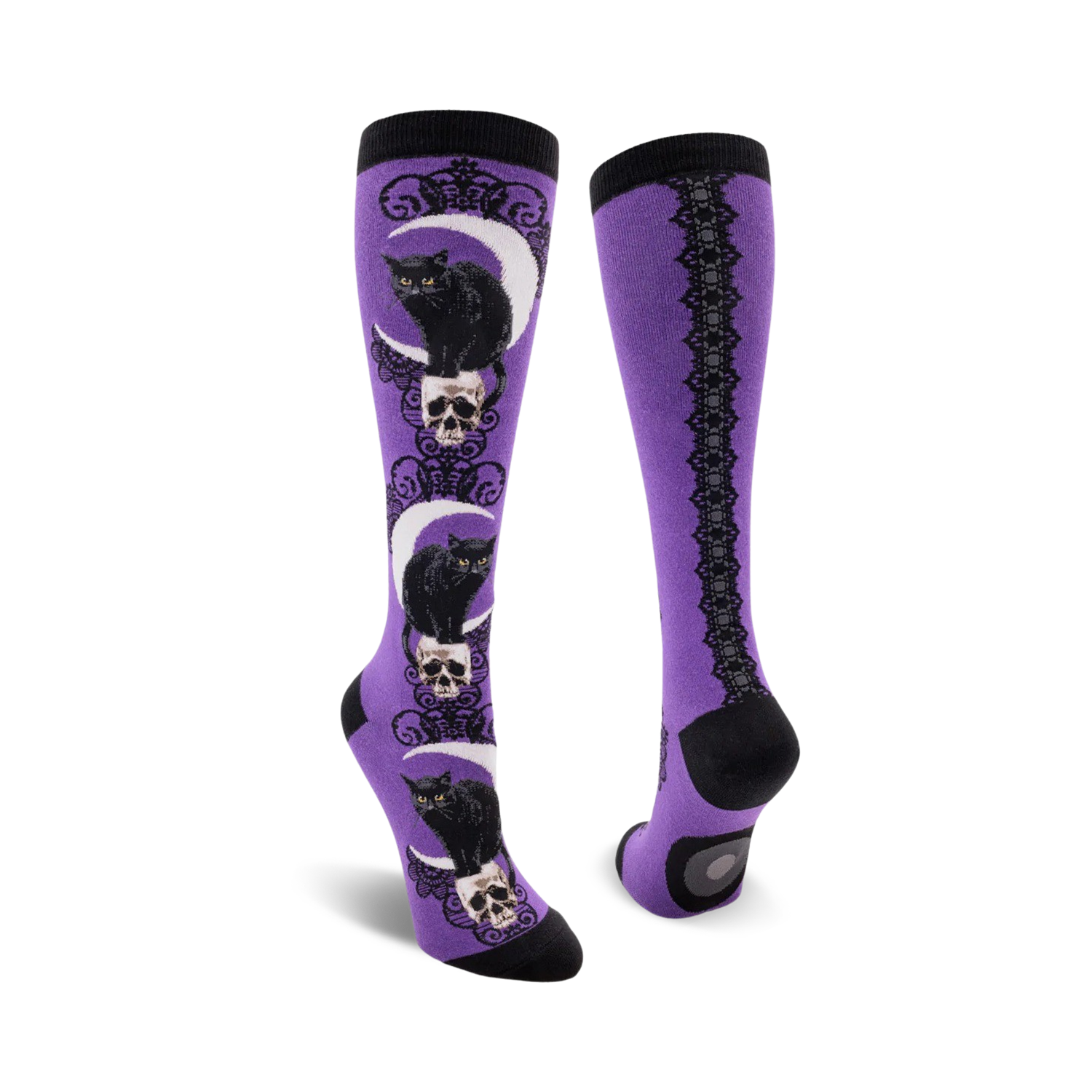Lifestyle shot: Model wearing purple Black Cat Moon knee-high socks.
