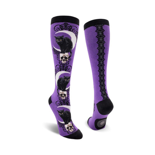 Lifestyle shot: Model wearing purple Black Cat Moon knee-high socks.