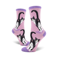 Pair of women's crew socks, pink and purple, featuring a repeated pattern of tuxedo cats' backsides.