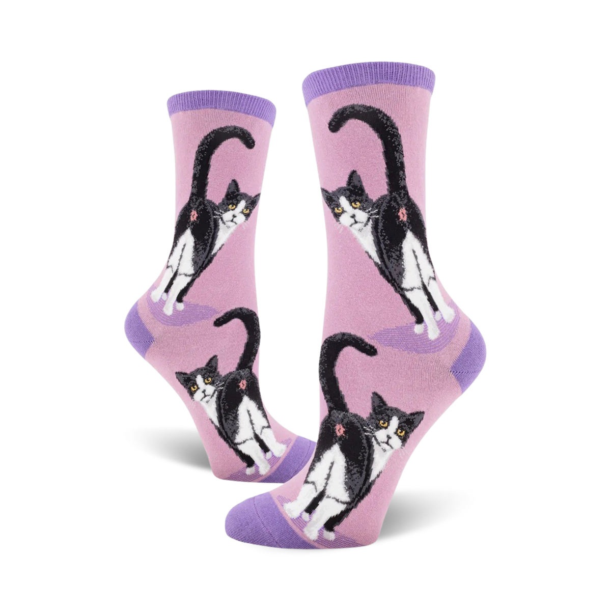 Pair of women's crew socks, pink and purple, featuring a repeated pattern of tuxedo cats' backsides.