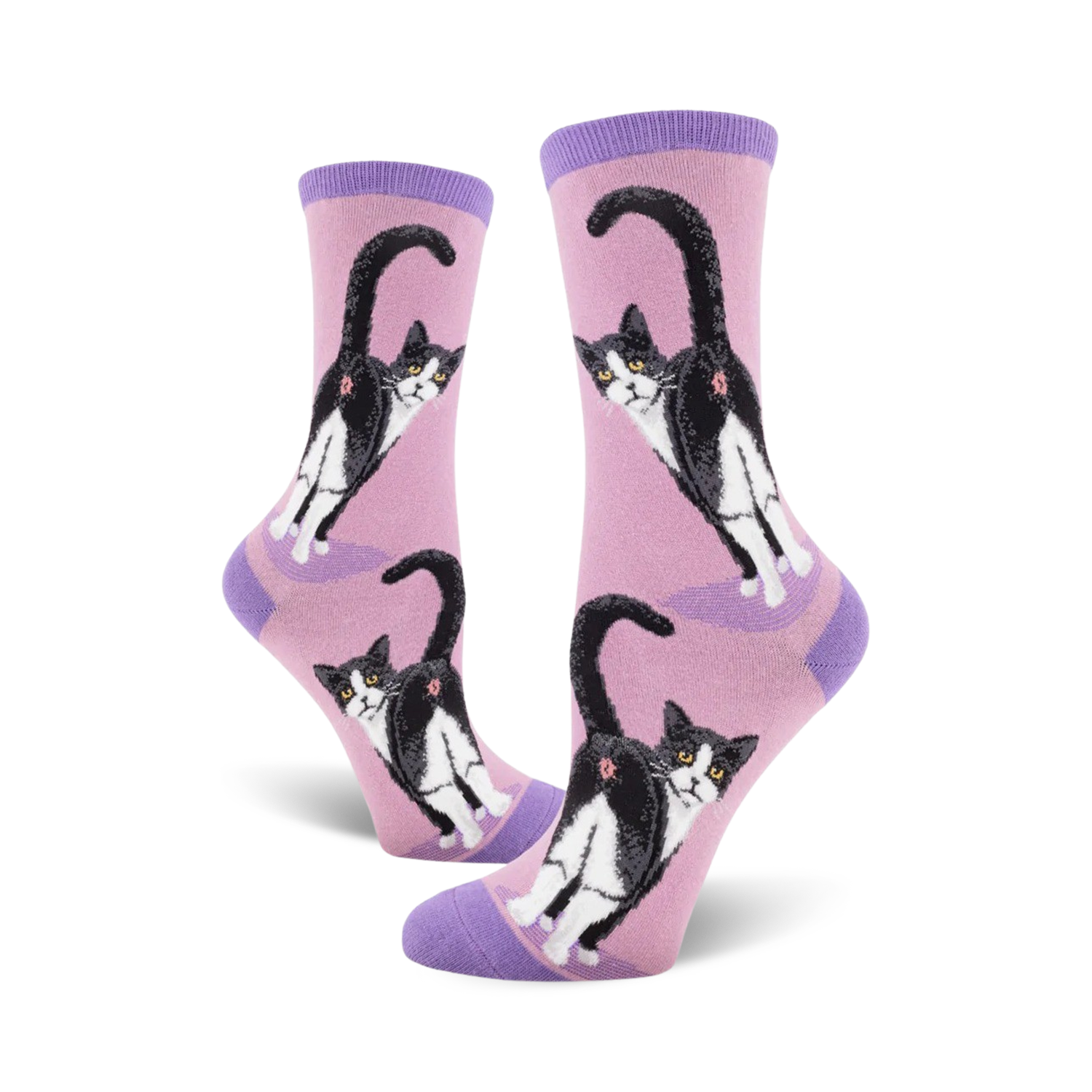 Pair of women's crew socks, pink and purple, featuring a repeated pattern of tuxedo cats' backsides.