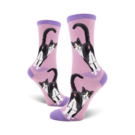 pink crew socks with a fun pattern of black and white tuxedo cat butts.   