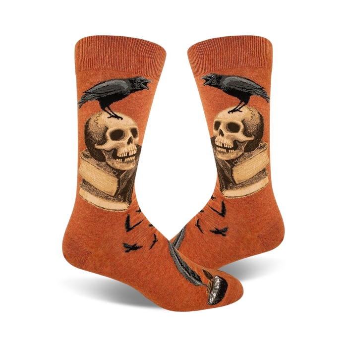 crew length nevermore socks for men in orange with skulls, ravens, and books pattern.    }}