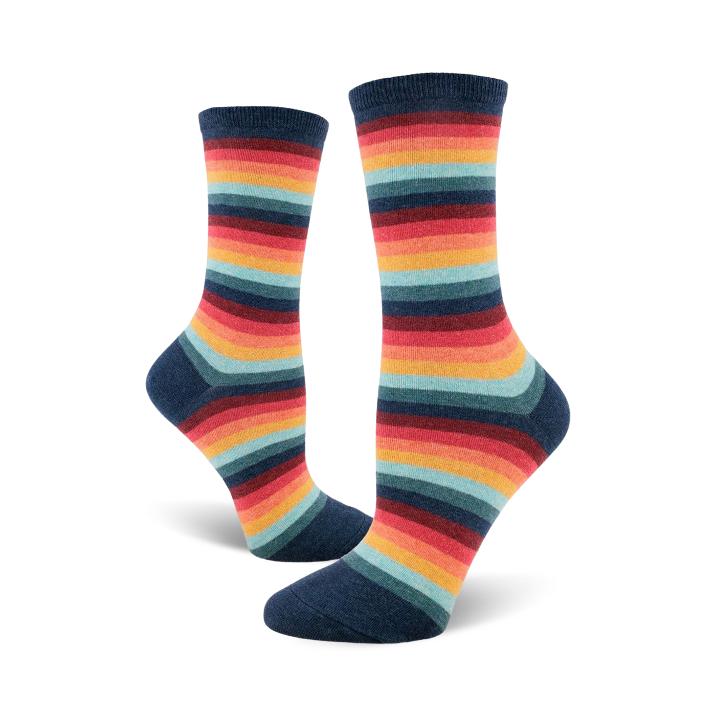 Pair of women's crew socks in a retro rainbow stripe pattern.  Colors include teal, orange, red, and dark blue.