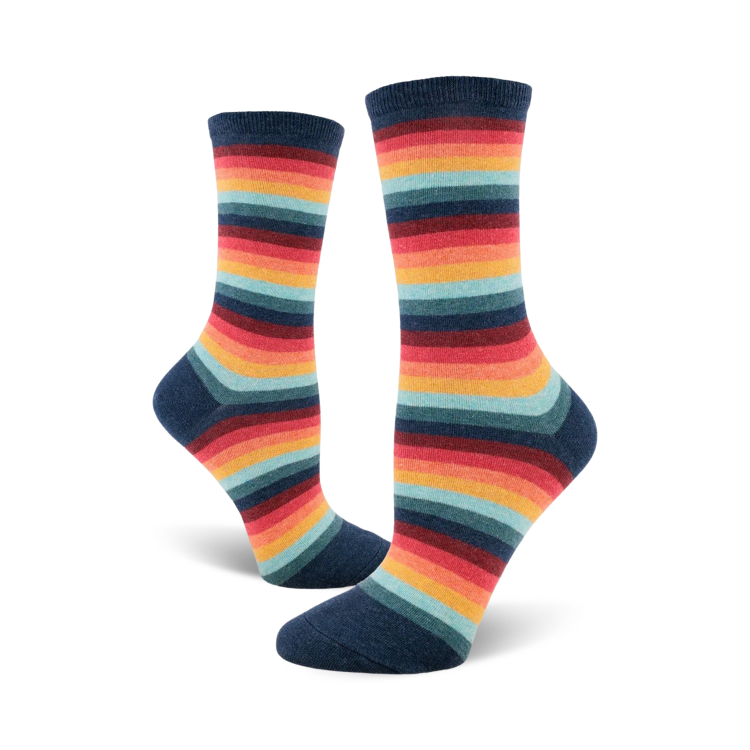 Pair of women's crew socks in a retro rainbow stripe pattern.  Colors include teal, orange, red, and dark blue.