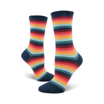 womens retro 70s crew socks - horizontal stripes in dark blue, red, orange, yellow, light blue, green color sequence  