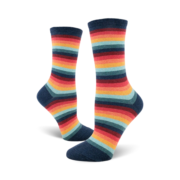 womens retro 70s crew socks - horizontal stripes in dark blue, red, orange, yellow, light blue, green color sequence   }}