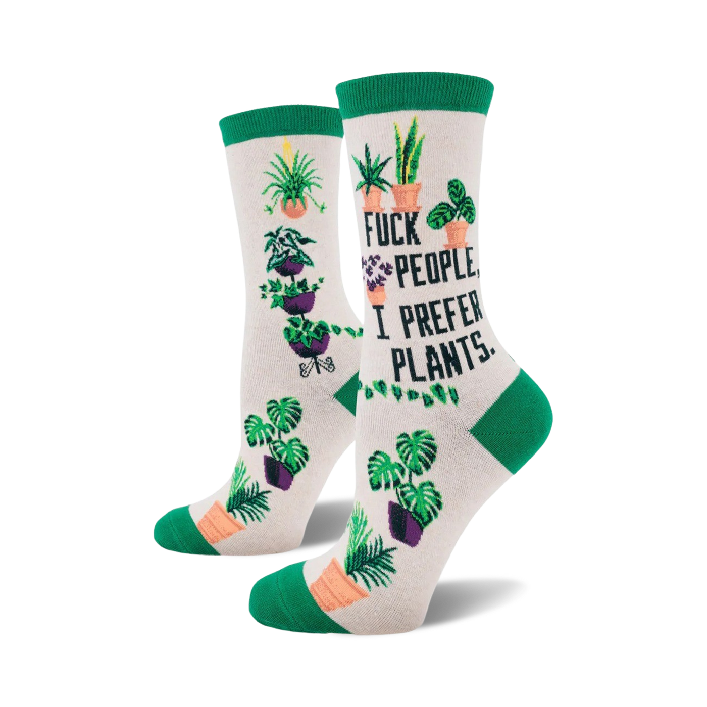 Cream crew socks with green cuffs. Feature various potted plants and the phrase 'F*ck people, I prefer plants'.