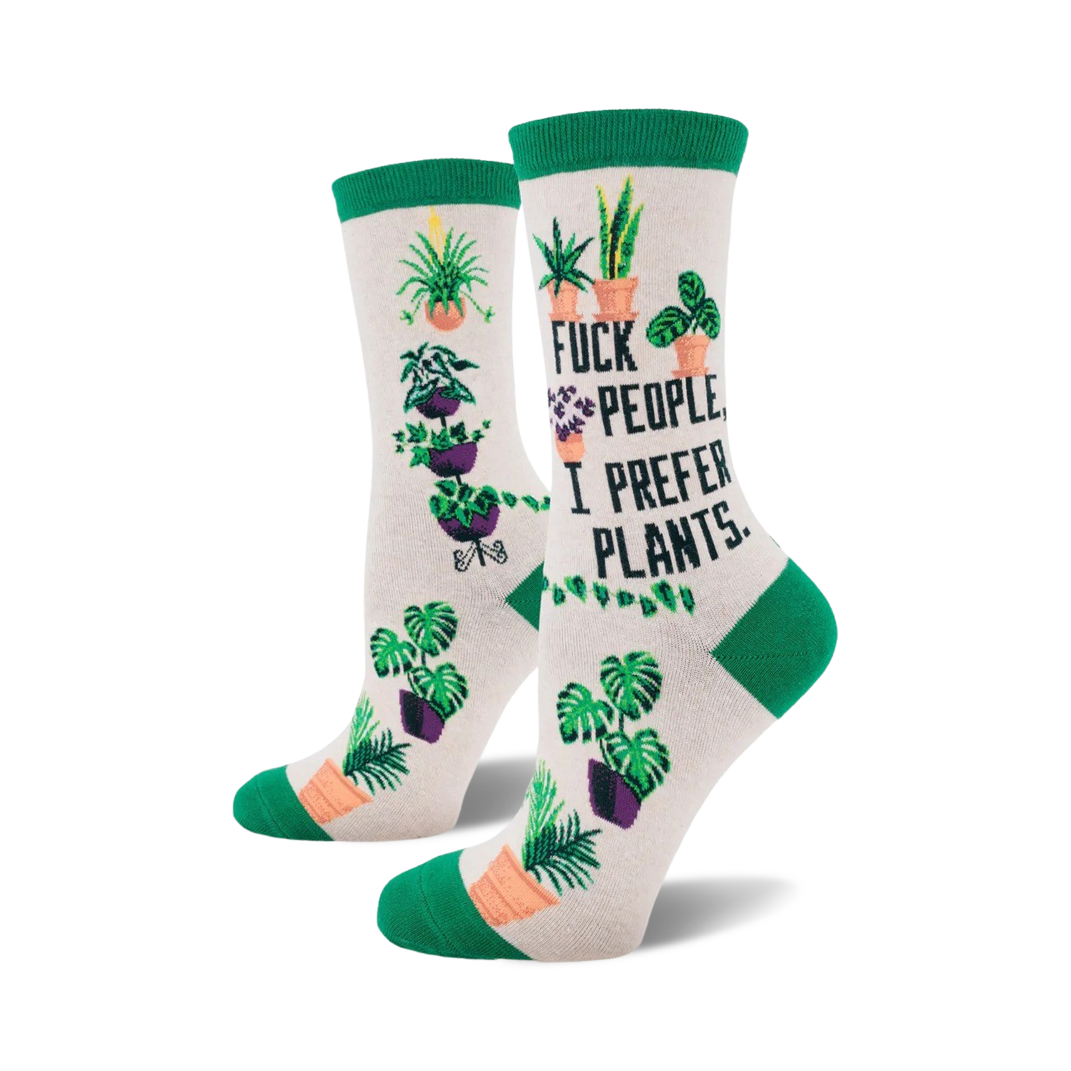 Cream crew socks with green cuffs. Feature various potted plants and the phrase 'F*ck people, I prefer plants'.