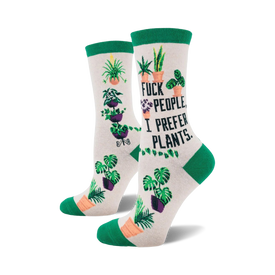 white crew socks with green cuff, potted plant pattern, and "fuck people, i prefer plants" text.  