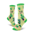 A pair of women's crew socks in pastel green with illustrations of various potted plants and the text 'Plant Mom'.