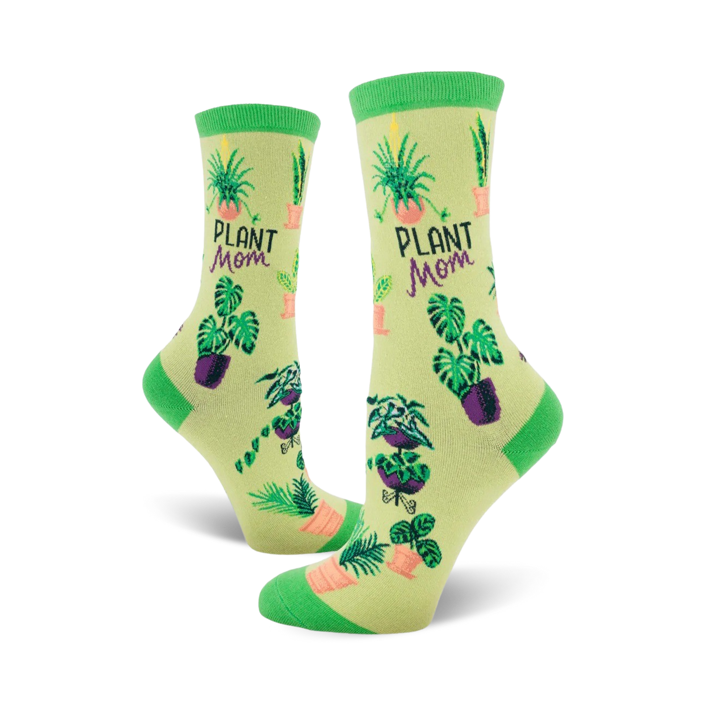 A pair of women's crew socks in pastel green with illustrations of various potted plants and the text 'Plant Mom'.