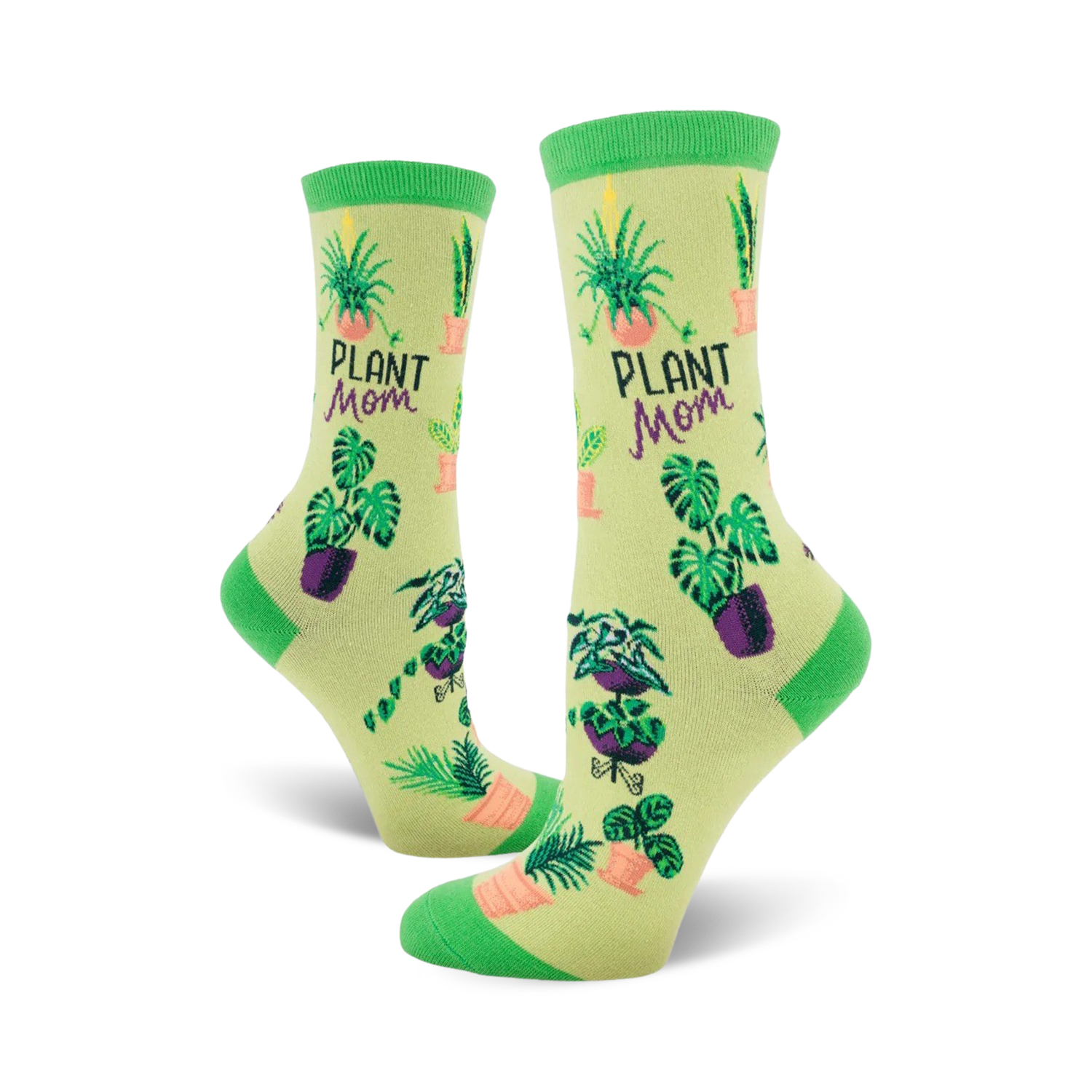 A pair of women's crew socks in pastel green with illustrations of various potted plants and the text 'Plant Mom'.