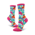 Crew socks with a Pop Art design.  Features repeating patterns of cats in teal, orange, pink and yellow against a white background.