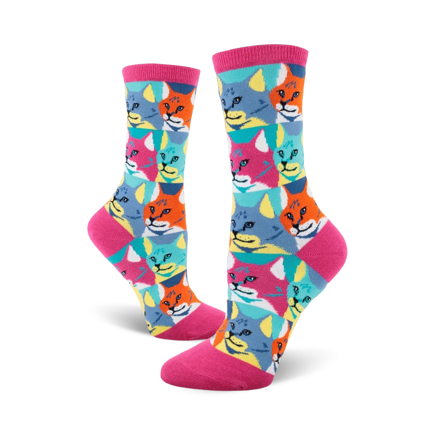 Crew socks with a Pop Art design.  Features repeating patterns of cats in teal, orange, pink and yellow against a white background.