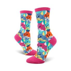 womens crew socks cartoon cat patterned, colorful sunglasses, pink background  