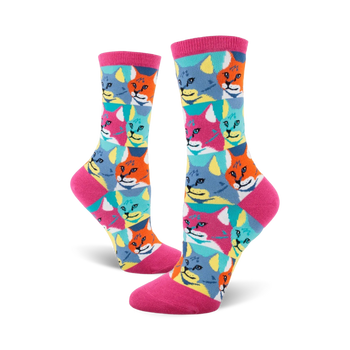 womens crew socks cartoon cat patterned, colorful sunglasses, pink background  