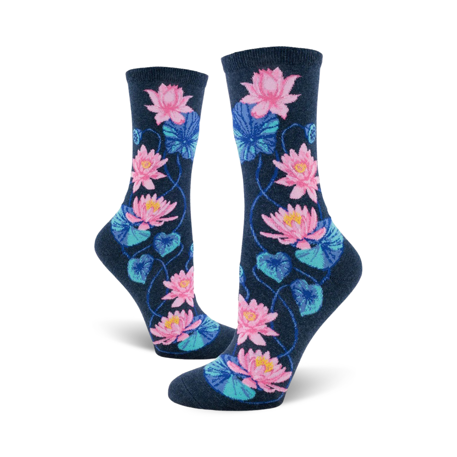 A pair of women's crew socks in navy blue, decorated with a pattern of pink and teal water lilies and leaves.