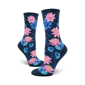 crew socks for women featuring a dark blue background with blooming pink and blue lotus flowers and leaves.  