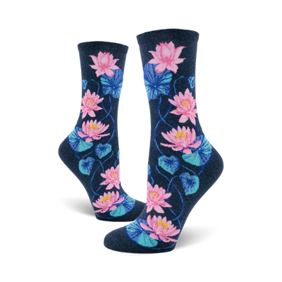 crew socks for women featuring a dark blue background with blooming pink and blue lotus flowers and leaves.  