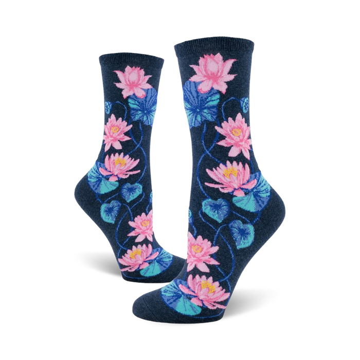 crew socks for women featuring a dark blue background with blooming pink and blue lotus flowers and leaves.   }}