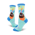 A pair of crew socks in teal blue.  They feature a grumpy cupcake with a lit candle and the phrase 'Too Old for This Shit'.