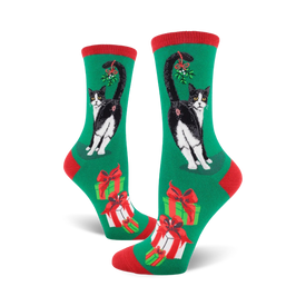 women's crew socks: cat butt christmas pattern, red toe and top  