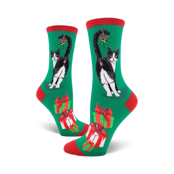 cat butt christmas cats themed womens green novelty crew socks