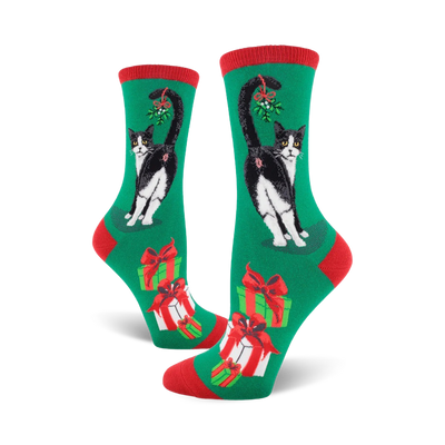 women's crew socks: cat butt christmas pattern, red toe and top  