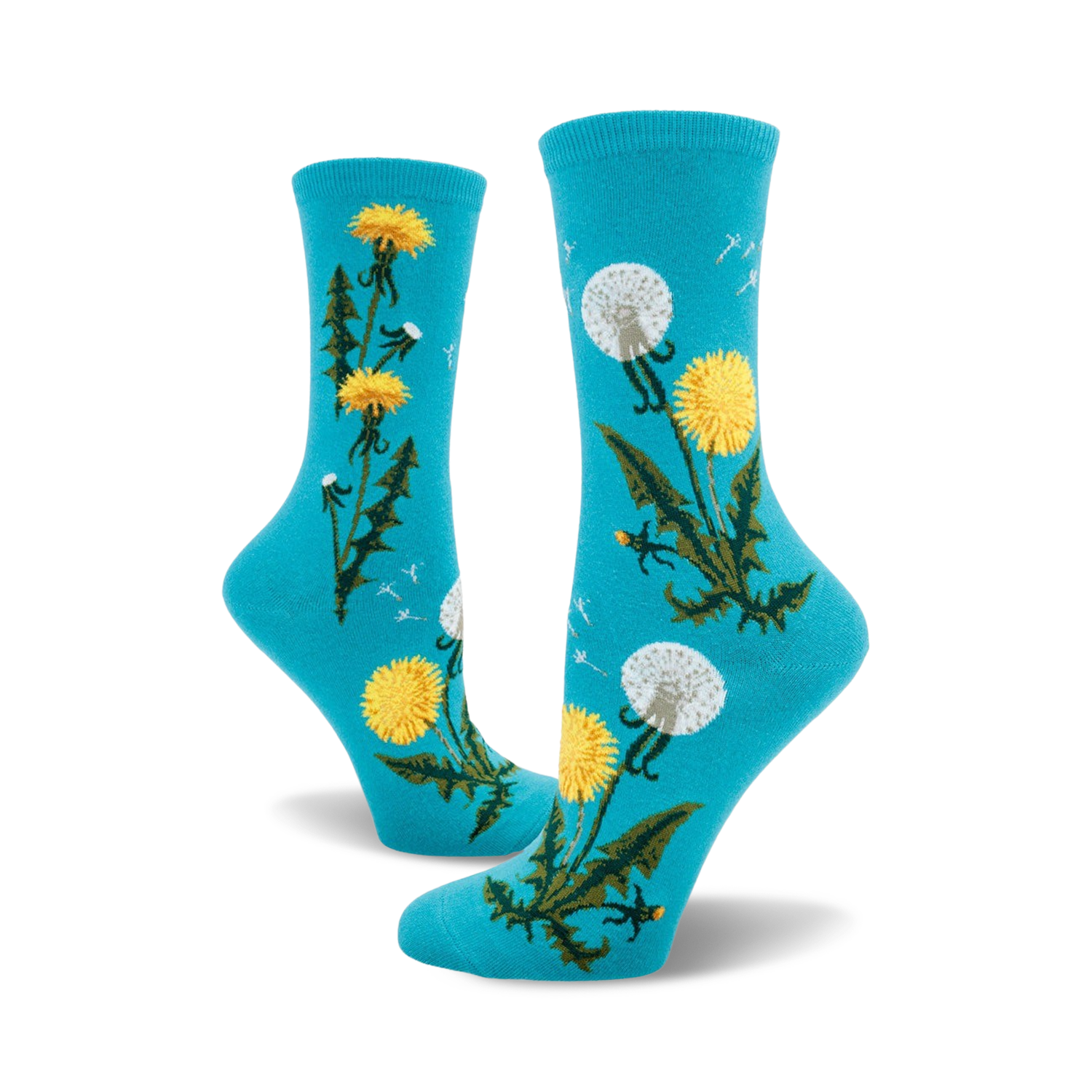 Pair of crew socks in teal and mauve featuring a whimsical dandelion design. Yellow dandelions and seed heads are scattered on a solid background.