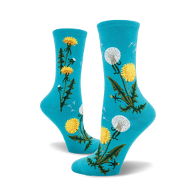 womens dandelion pattern crew socks in bright blue with white, yellow and green.  