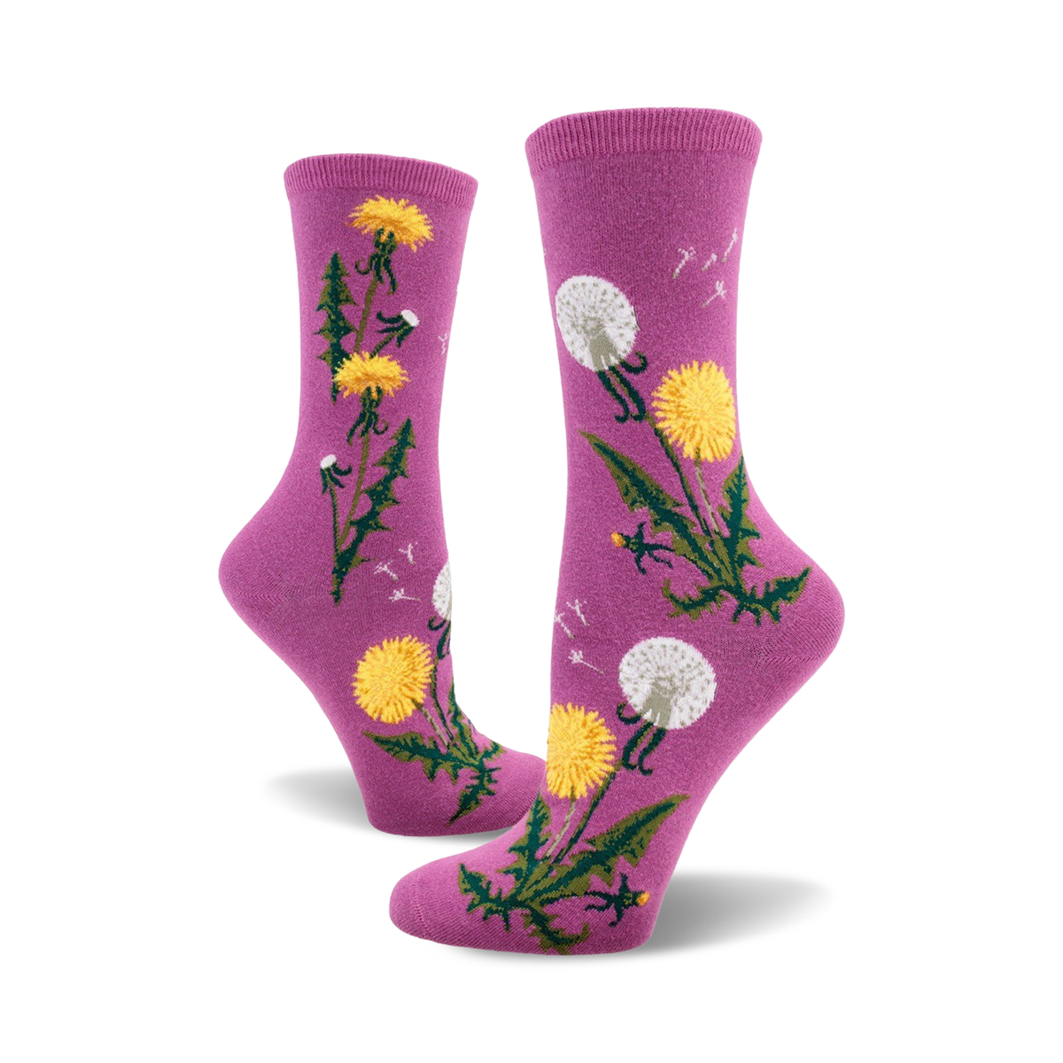 Lifestyle shot showing the mauve dandelion socks on a model's feet.