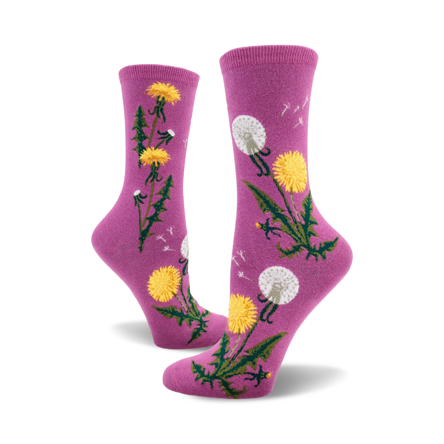 Lifestyle shot showing the mauve dandelion socks on a model's feet.