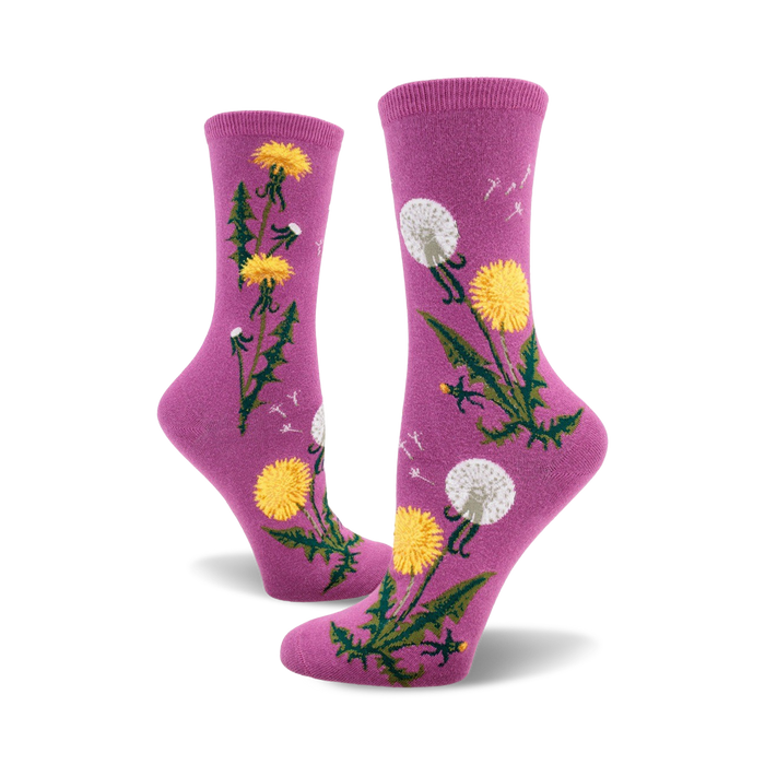 bright pink crew socks with white and yellow dandelion pattern for women.  