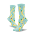 A pair of women's crew socks in pastel blue with a repeating pattern of yellow forsythia flowers and green stems.