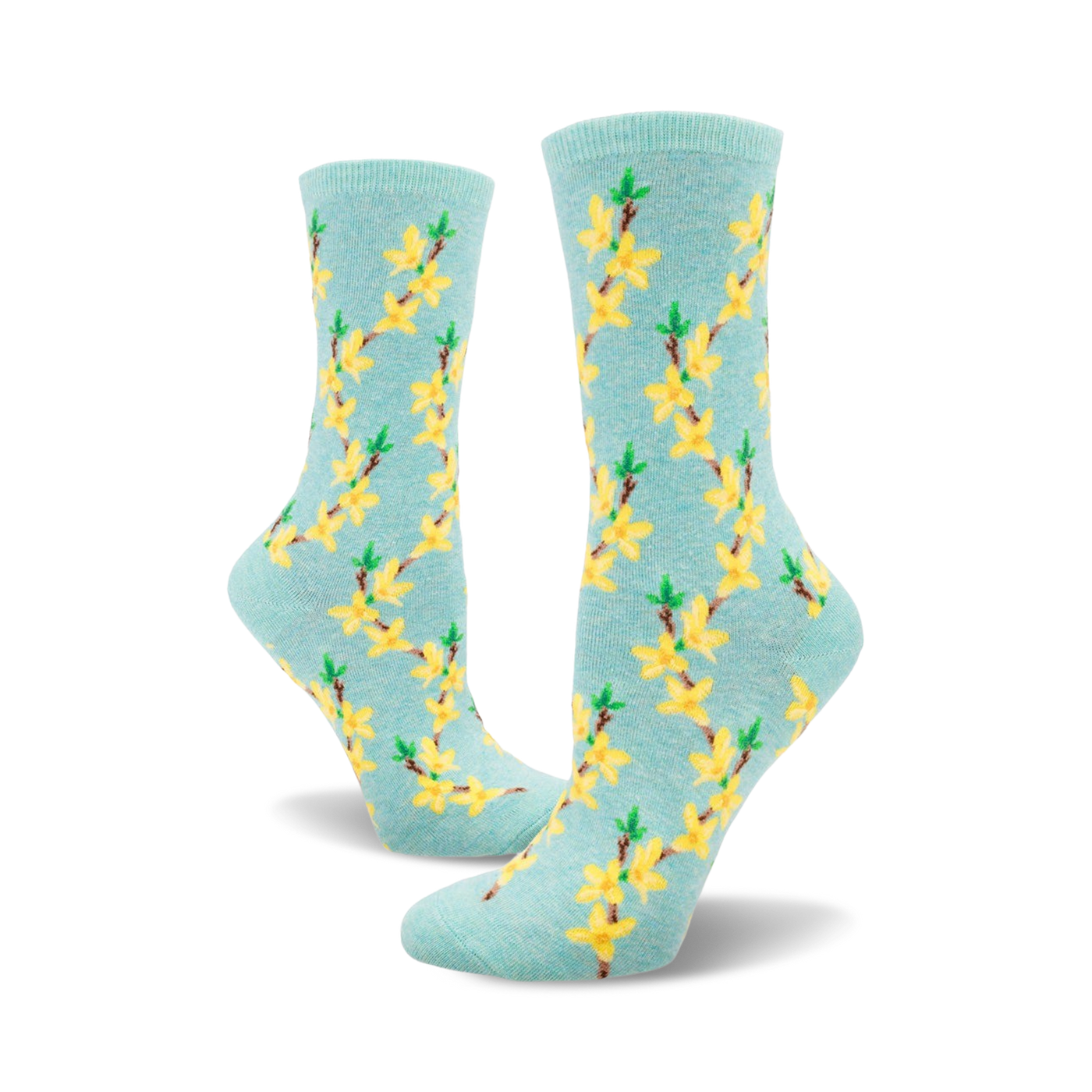 A pair of women's crew socks in pastel blue with a repeating pattern of yellow forsythia flowers and green stems.