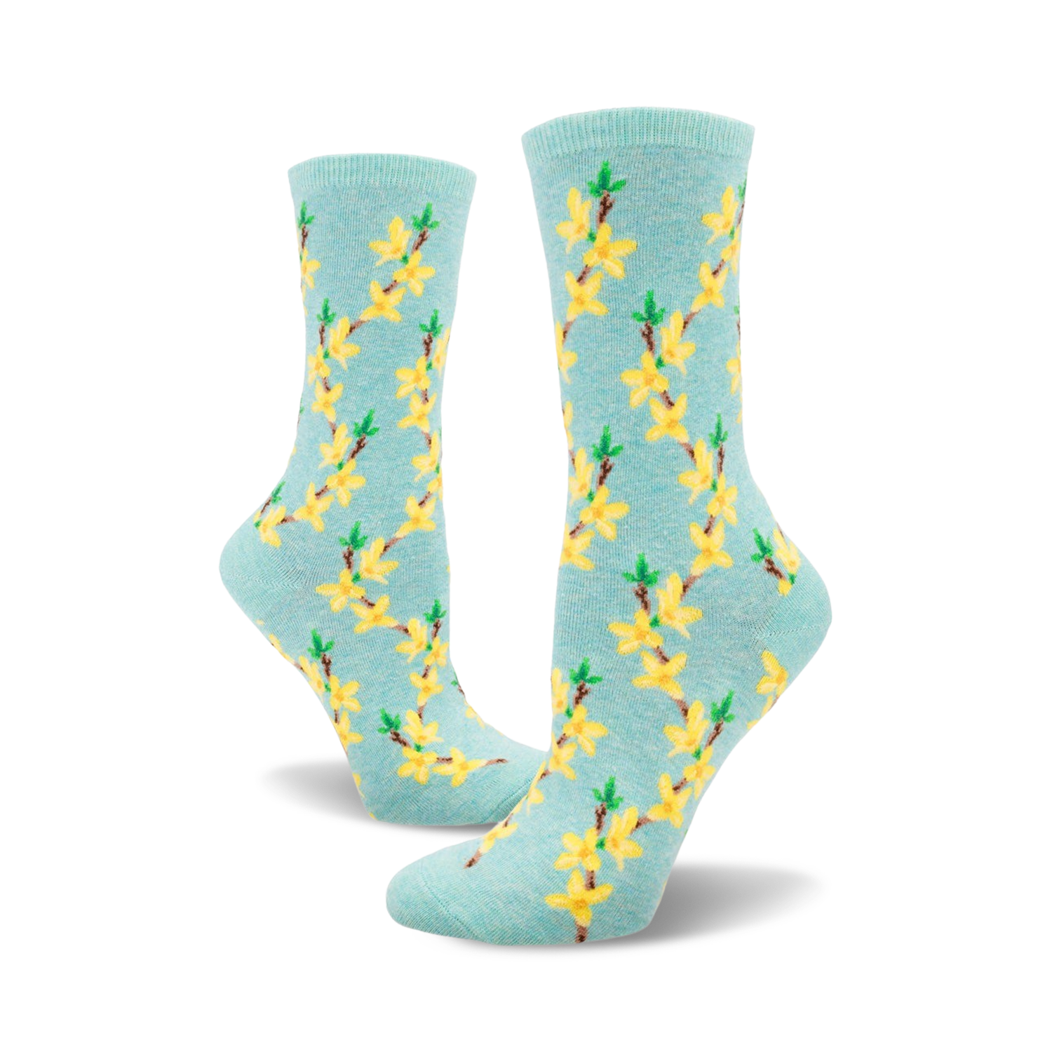 A pair of women's crew socks in pastel blue with a repeating pattern of yellow forsythia flowers and green stems.