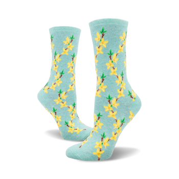 crew-length women's socks with a forsythia flower pattern in blue and yellow.  