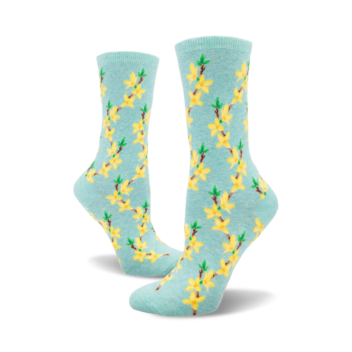 crew-length women's socks with a forsythia flower pattern in blue and yellow.   }}