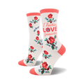 Cream crew socks with coral roses, blue forget-me-nots, and the phrase 'I Fucking Love Swearing' in coral lettering.