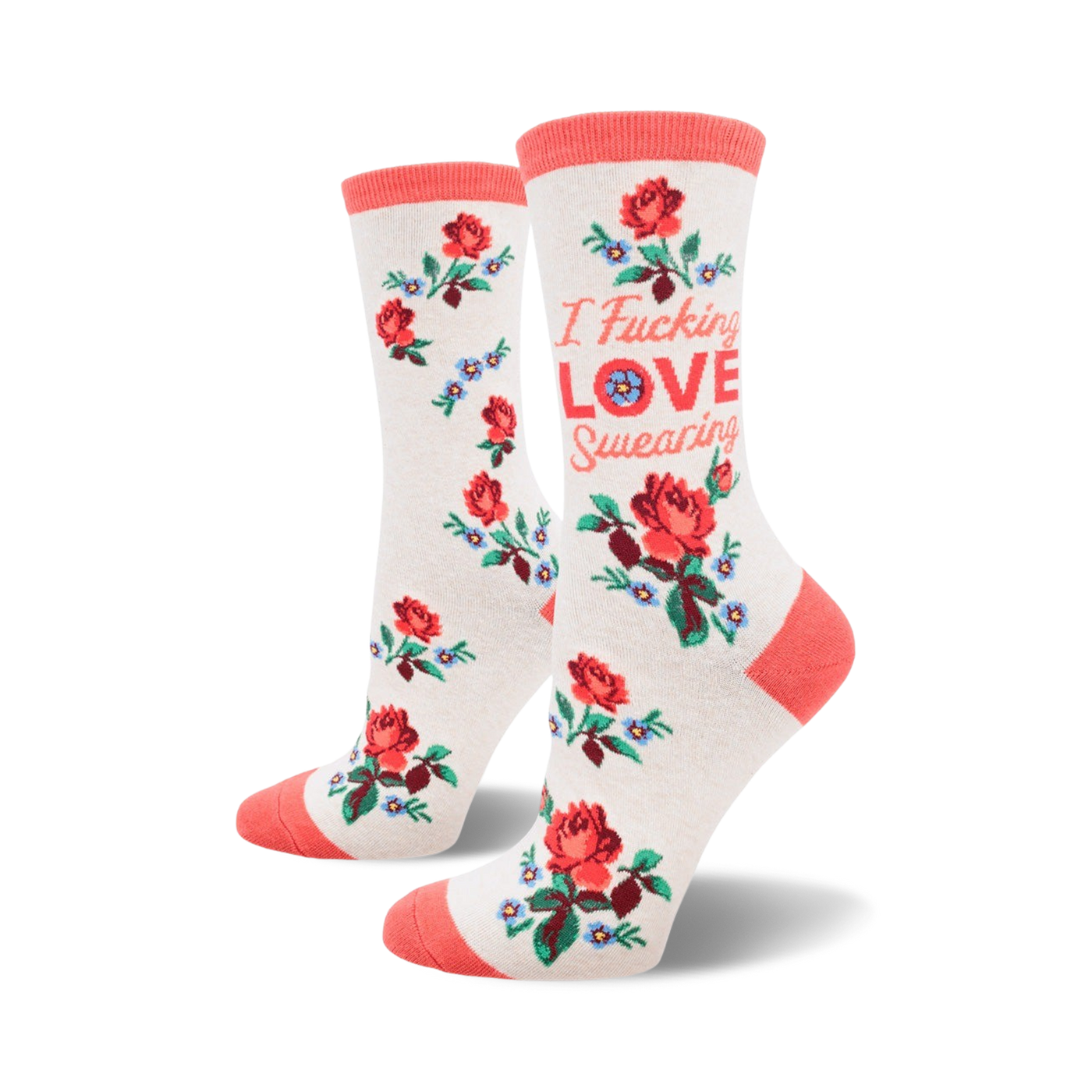 Cream crew socks with coral roses, blue forget-me-nots, and the phrase 'I Fucking Love Swearing' in coral lettering.