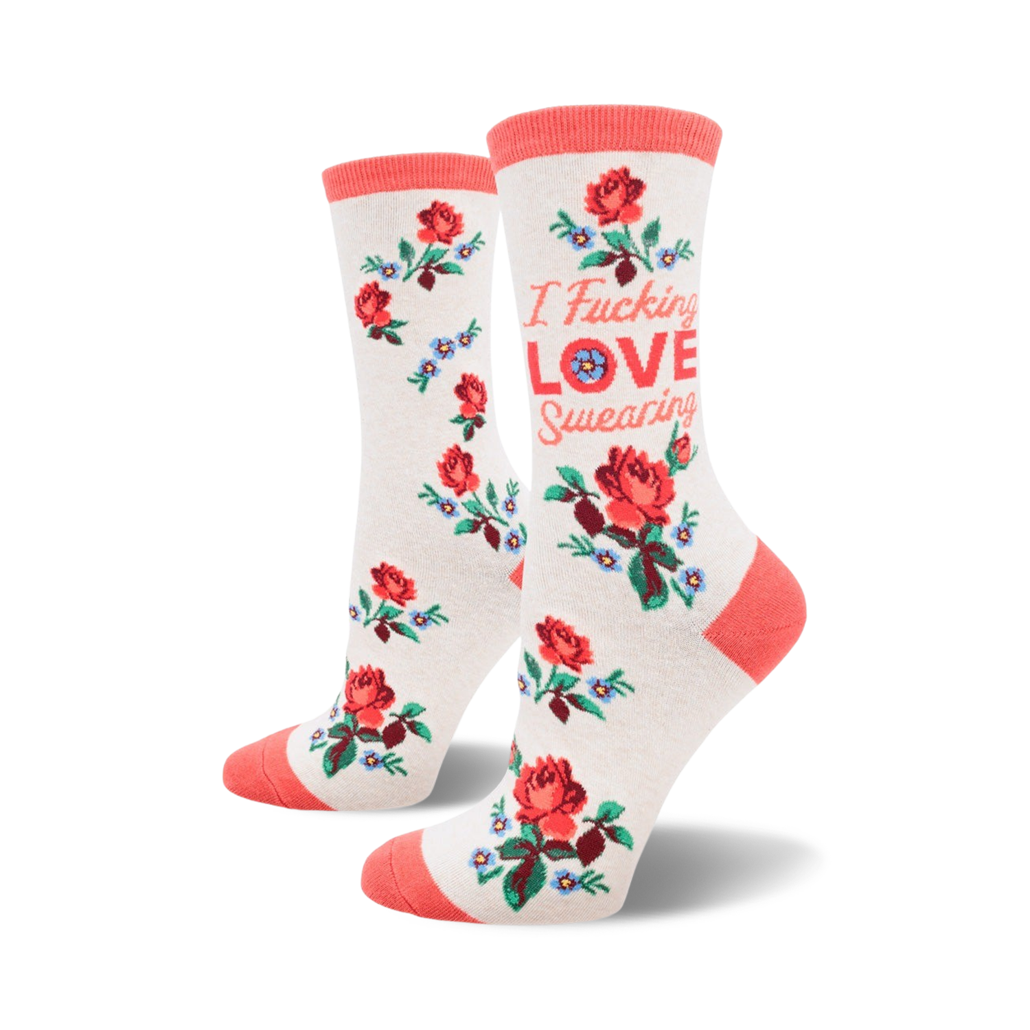 Cream crew socks with coral roses, blue forget-me-nots, and the phrase 'I Fucking Love Swearing' in coral lettering.