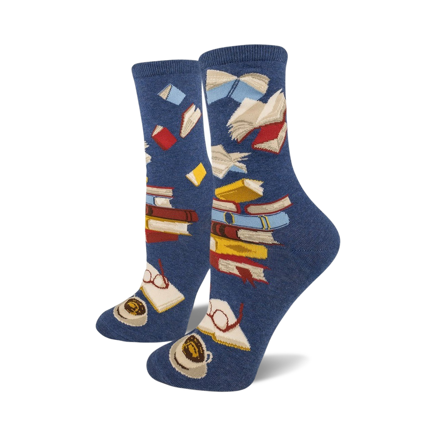 Pair of crew socks in navy blue and black, featuring a whimsical design of colorful books, coffee cups, and glasses.
