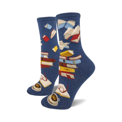 womens blue crew socks, featuring books, coffee cups, and eyeglasses pattern. art & literature themed.   