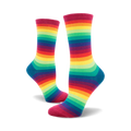 Pair of crew socks in a rainbow gradient stripe pattern.  Colors include red, orange, yellow, green, blue, and purple.