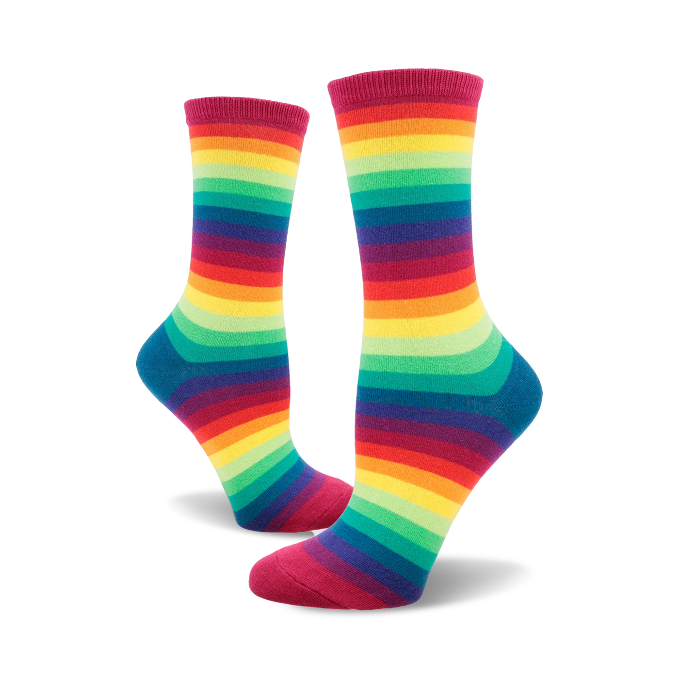 Pair of crew socks in a rainbow gradient stripe pattern.  Colors include red, orange, yellow, green, blue, and purple.