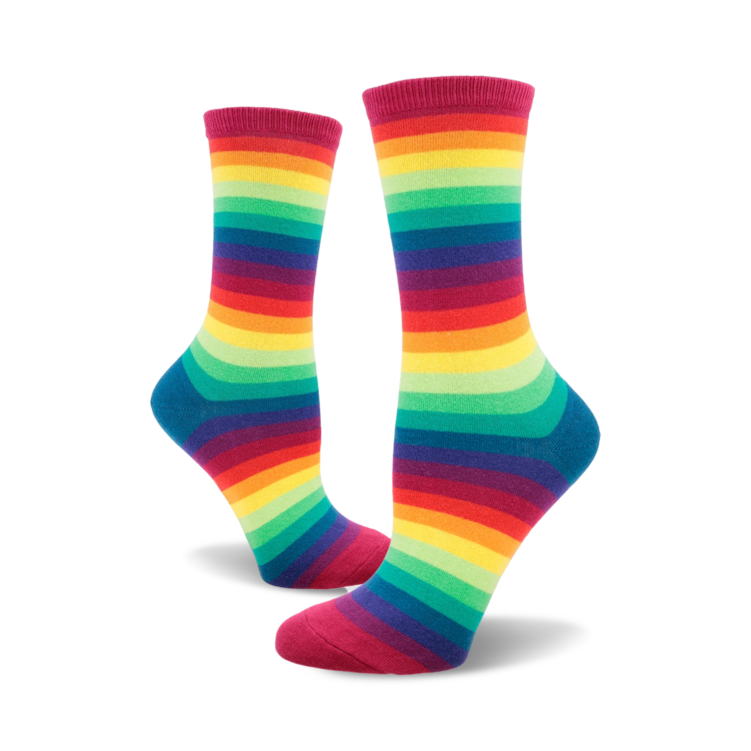 Pair of crew socks in a rainbow gradient stripe pattern.  Colors include red, orange, yellow, green, blue, and purple.